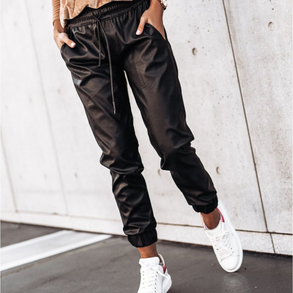 Pocketed Drawstring Faux Leather Joggers